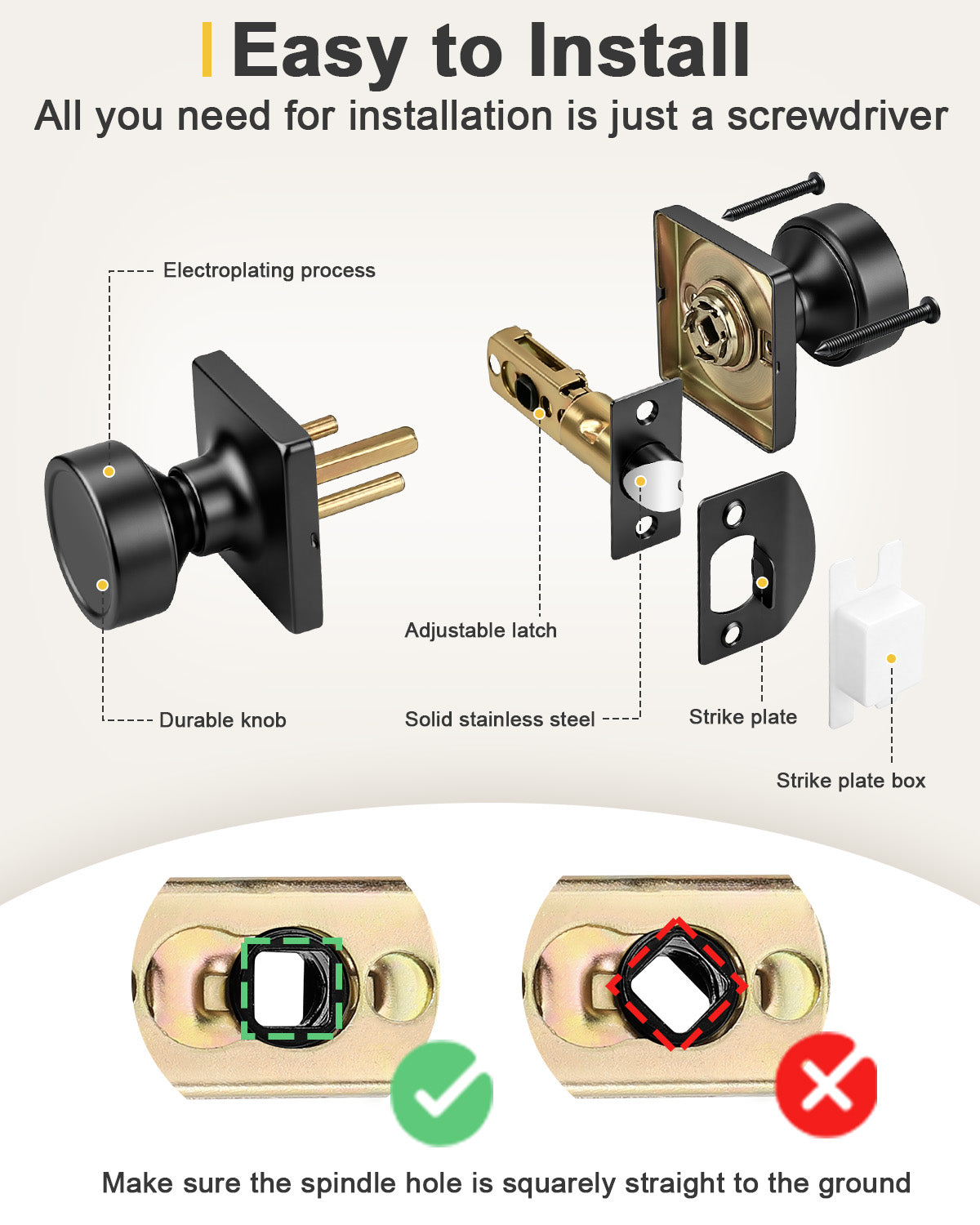 KNOBWELL 1 Pack Gold Door Knobs Interior, Privacy Door Knob for Bedroom or Bathroom, Square Shape Heavy Duty Zinc-Alloy Privacy Door Knob, Matte Gold Interior Door Knobs with Emergency Unlock