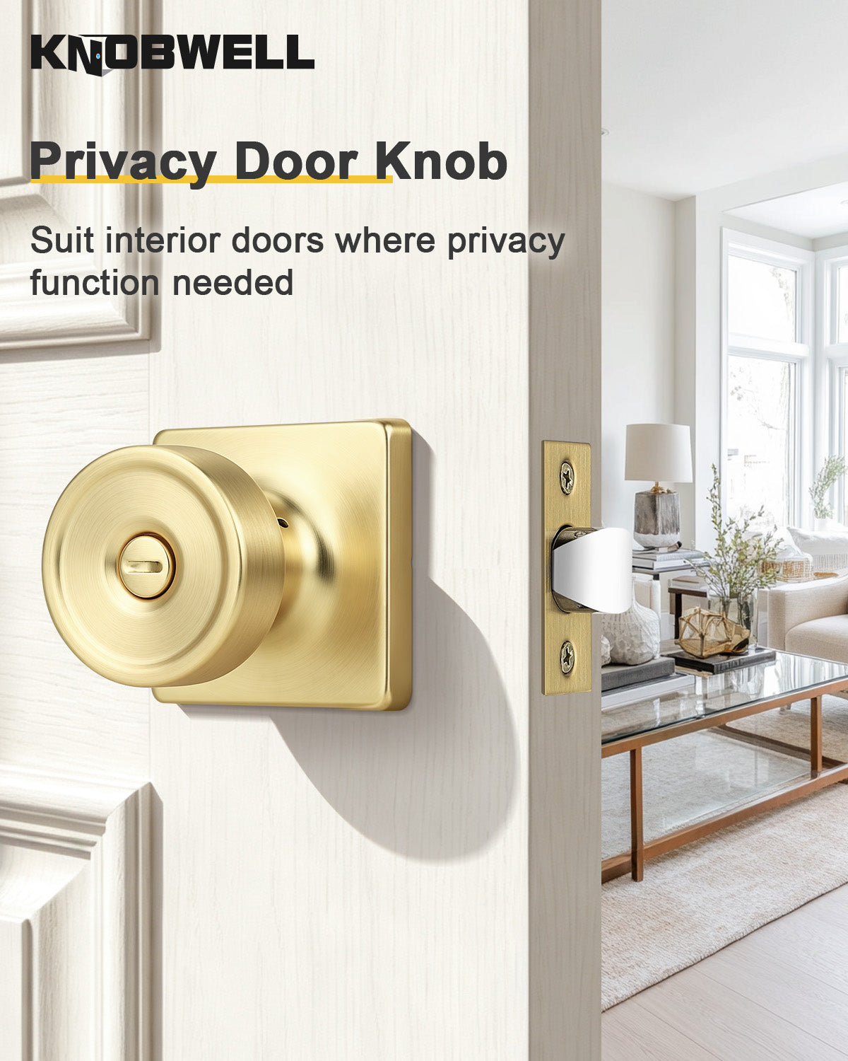 KNOBWELL 1 Pack Gold Door Knobs Interior, Privacy Door Knob for Bedroom or Bathroom, Square Shape Heavy Duty Zinc-Alloy Privacy Door Knob, Matte Gold Interior Door Knobs with Emergency Unlock