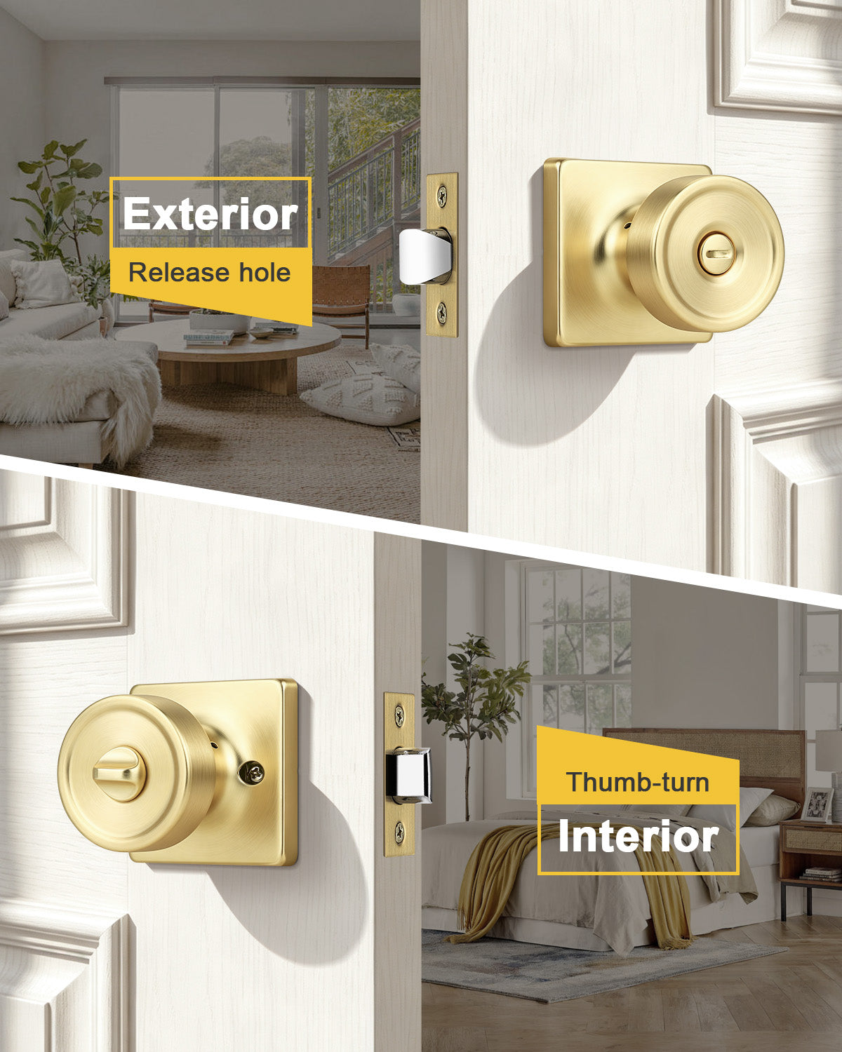 KNOBWELL 1 Pack Gold Door Knobs Interior, Privacy Door Knob for Bedroom or Bathroom, Square Shape Heavy Duty Zinc-Alloy Privacy Door Knob, Matte Gold Interior Door Knobs with Emergency Unlock