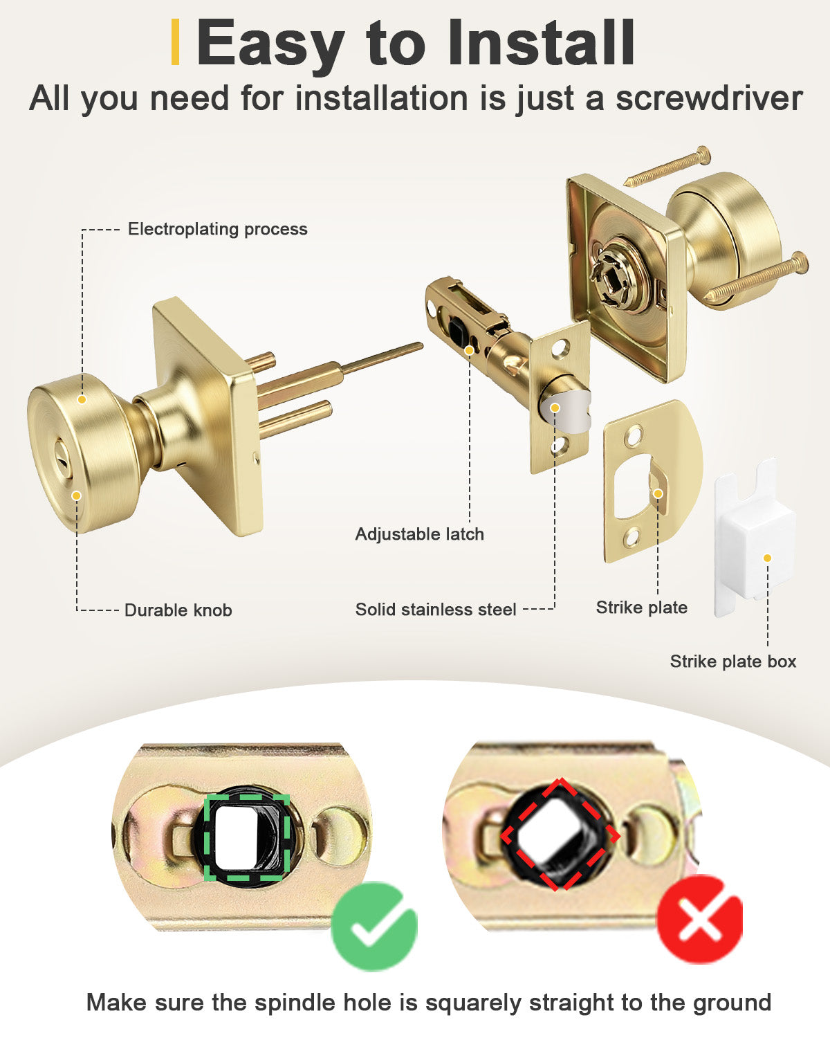 KNOBWELL 1 Pack Gold Door Knobs Interior, Privacy Door Knob for Bedroom or Bathroom, Square Shape Heavy Duty Zinc-Alloy Privacy Door Knob, Matte Gold Interior Door Knobs with Emergency Unlock