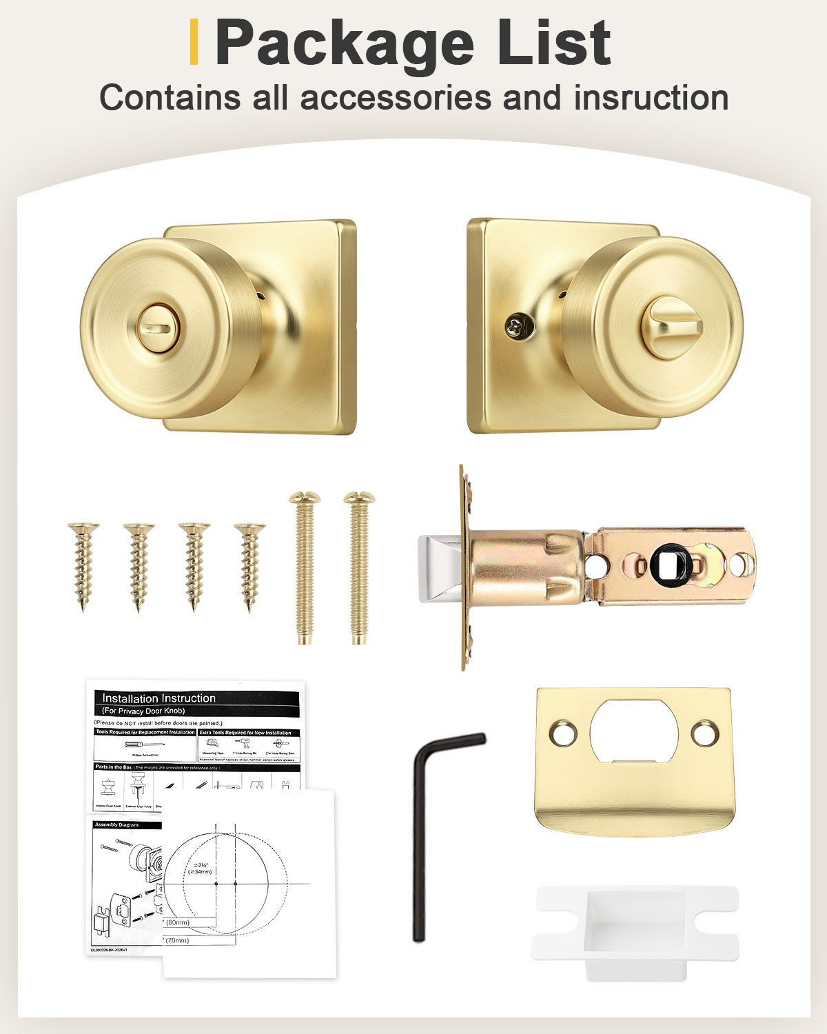 KNOBWELL 1 Pack Gold Door Knobs Interior, Privacy Door Knob for Bedroom or Bathroom, Square Shape Heavy Duty Zinc-Alloy Privacy Door Knob, Matte Gold Interior Door Knobs with Emergency Unlock