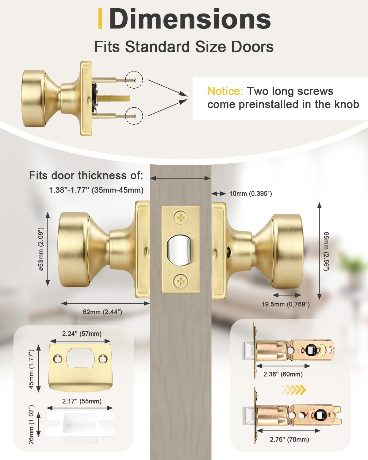 KNOBWELL 1 Pack Gold Door Knobs Interior, Privacy Door Knob for Bedroom or Bathroom, Square Shape Heavy Duty Zinc-Alloy Privacy Door Knob, Matte Gold Interior Door Knobs with Emergency Unlock