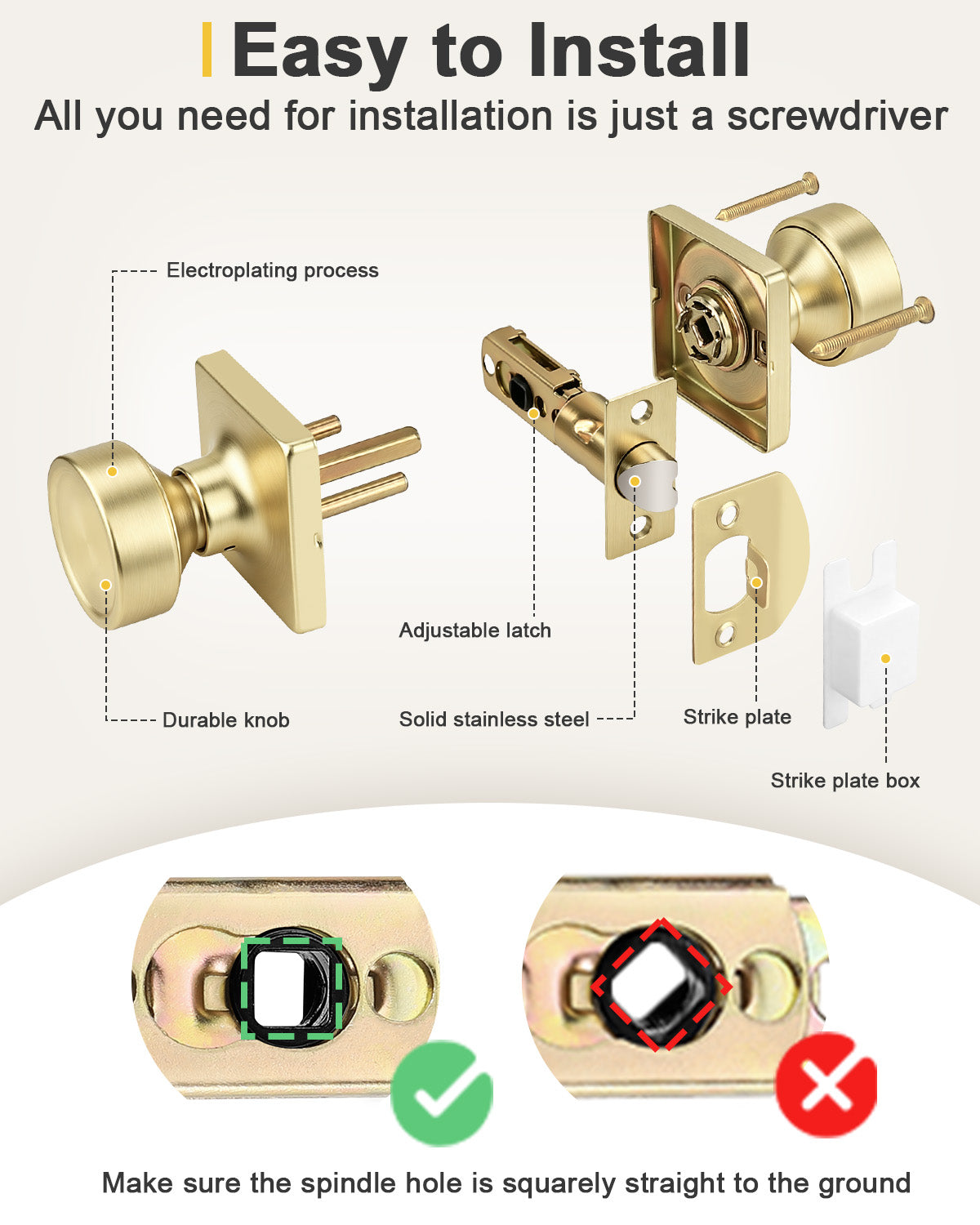 KNOBWELL 1 Pack Gold Door Knobs Interior, Privacy Door Knob for Bedroom or Bathroom, Square Shape Heavy Duty Zinc-Alloy Privacy Door Knob, Matte Gold Interior Door Knobs with Emergency Unlock