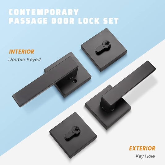 Front and back view of KNOBWELL Double Keyed Black Exterior Door Handles With Deadbolt
