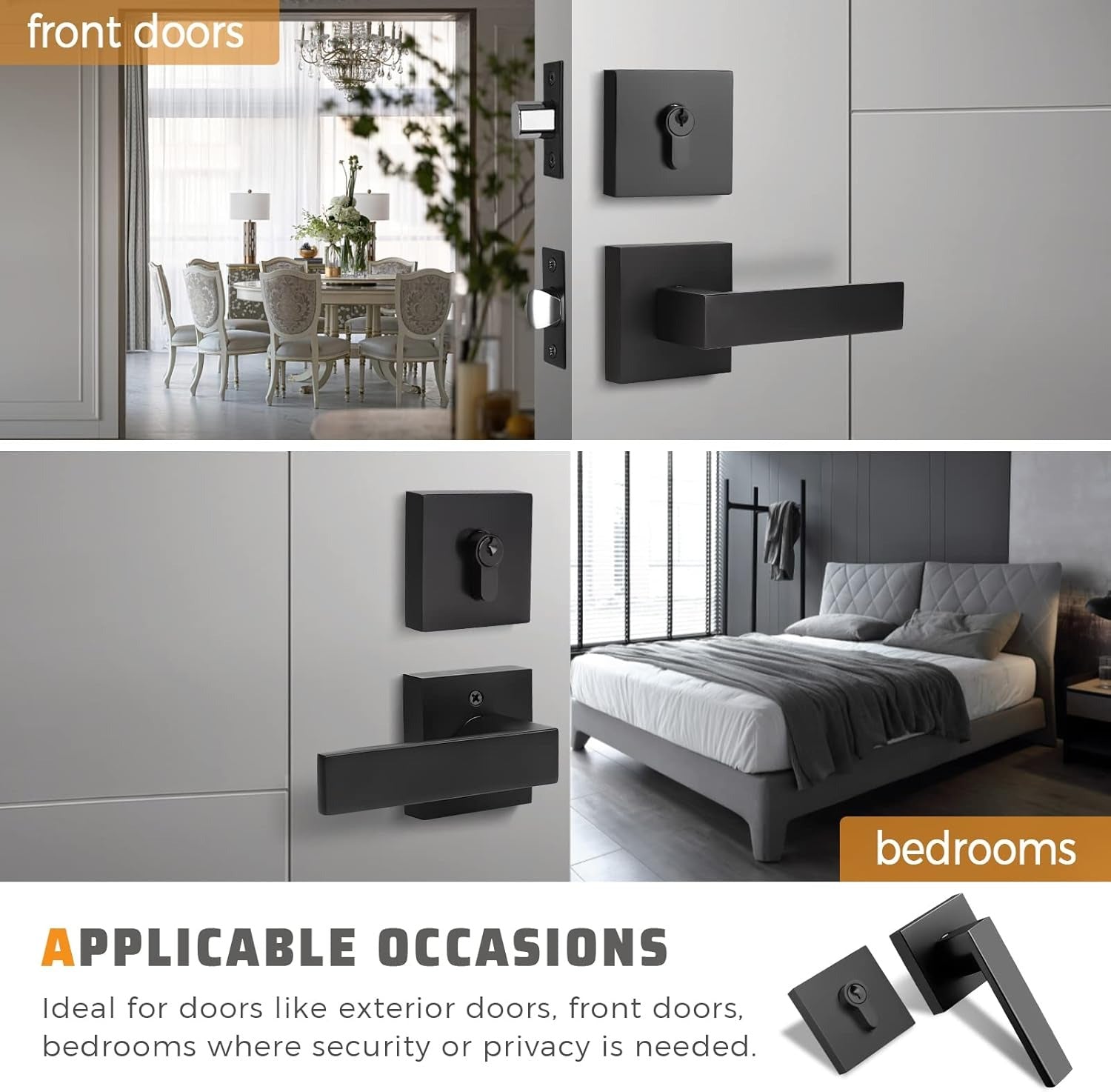 Front and back view of KNOBWELL Double Keyed Black Exterior Door Handles With Deadbolt