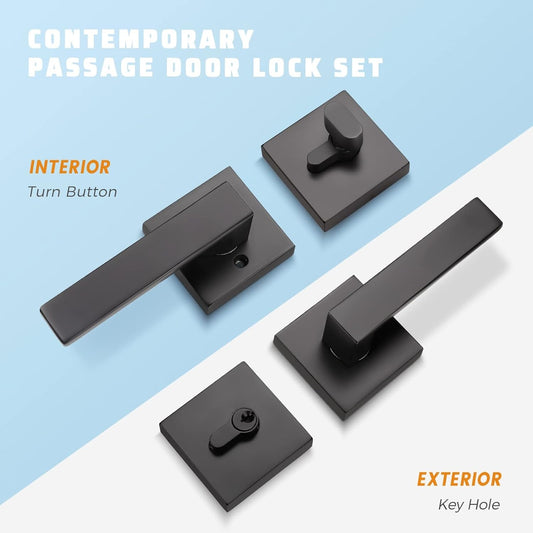 Front and back view of Knobwell Modern Black Passage Door Lever With Single Cylinder Deadbolt Lock