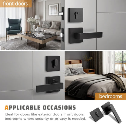 Front and back view of Knobwell Modern Black Passage Door Lever With Single Cylinder Deadbolt Lock