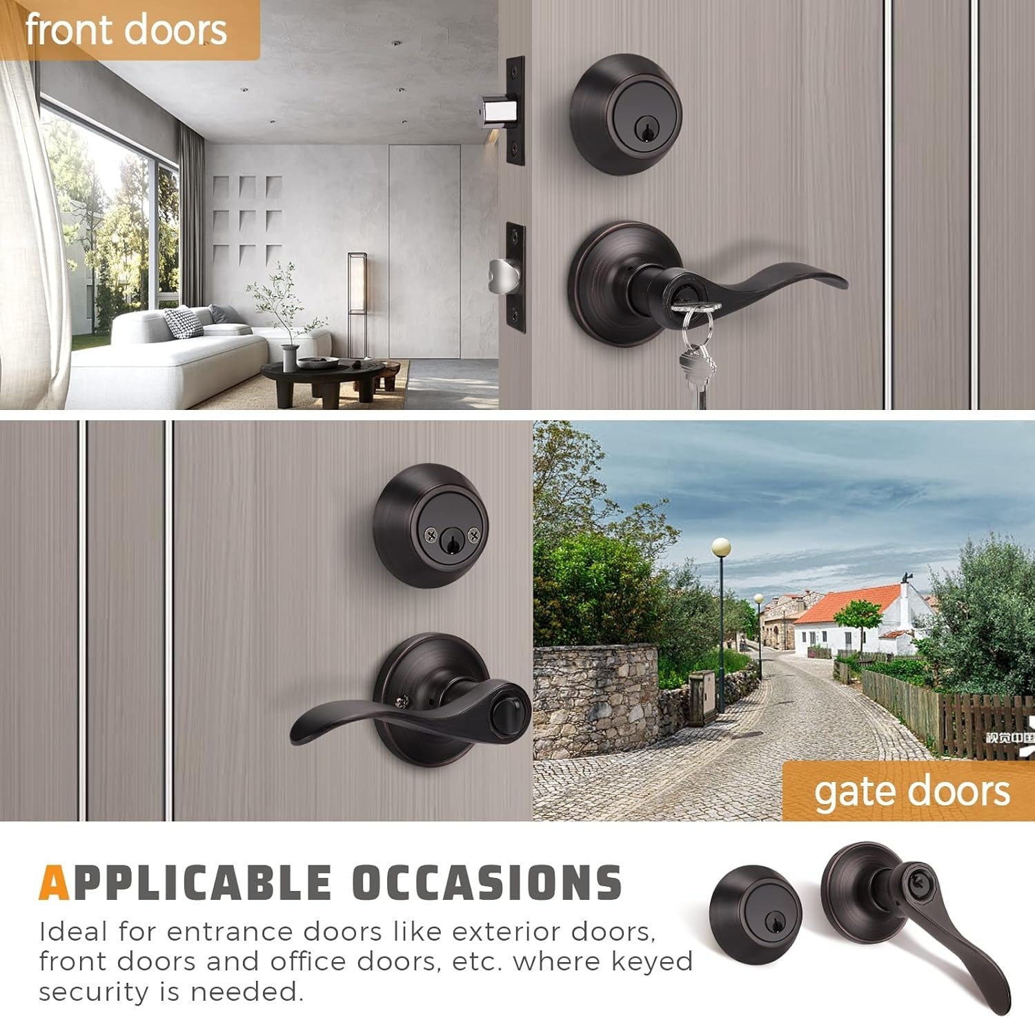 Front and back view of KNOBWELL Colonial Bronze Keyed Entry Lockset with Double Key Deadbolt