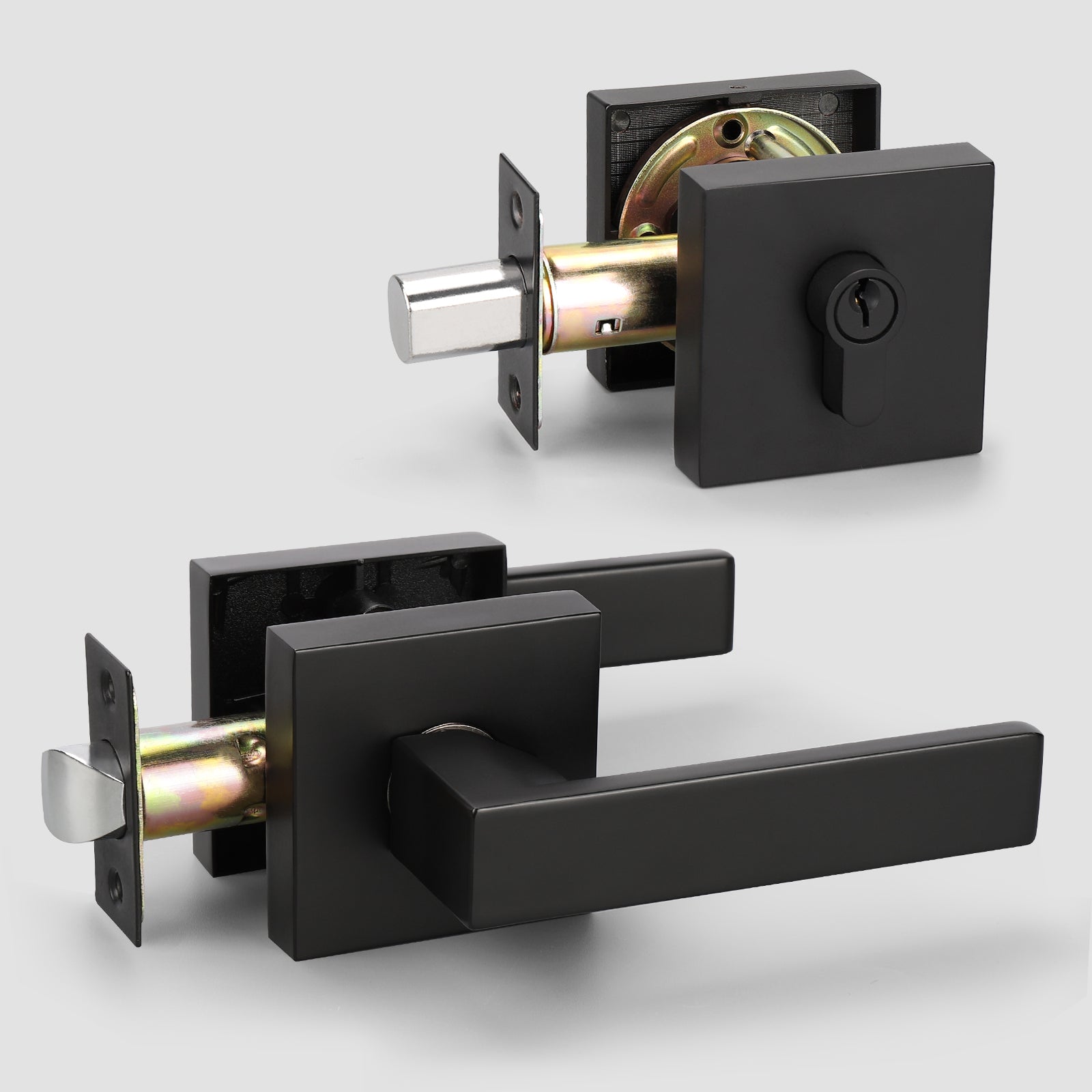 Single Keyed Matte Black Square Deadbolt Lock Set with Passage